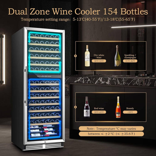 AOBOSI 24 inch Wine Cooler 154 Bottles Capacity Dual Zone - YC-408B