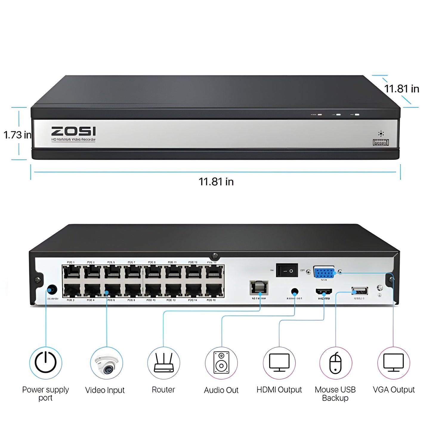 Zosi 4K 16 Channel Network Video Recorder NVR + 4TB Hard Drive - 4K 16 C