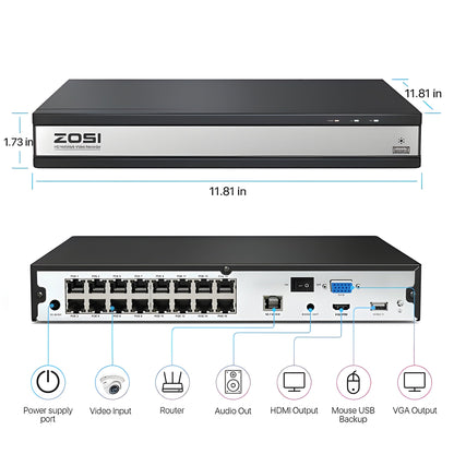 Zosi 4K 16 Channel Network Video Recorder NVR + 4TB Hard Drive - 4K 16 C