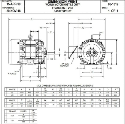 U. S. Motors Nidec HD7P2E Electric Motor 7.5 hp 213T Frame 230/460 Volts - HD7P2E