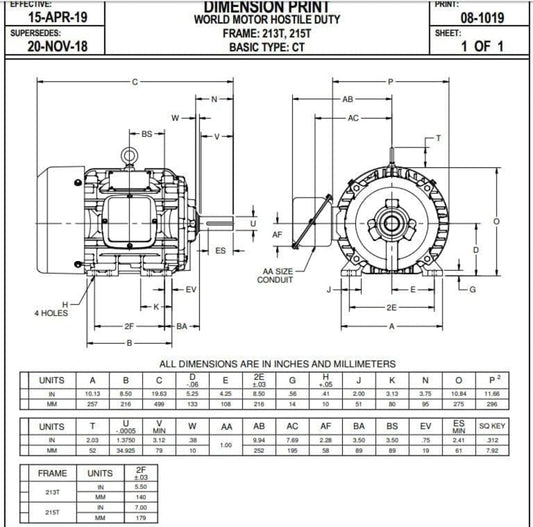 U. S. Motors Nidec HD7P2E Electric Motor 7.5 hp 213T Frame 230/460 Volts - HD7P2E