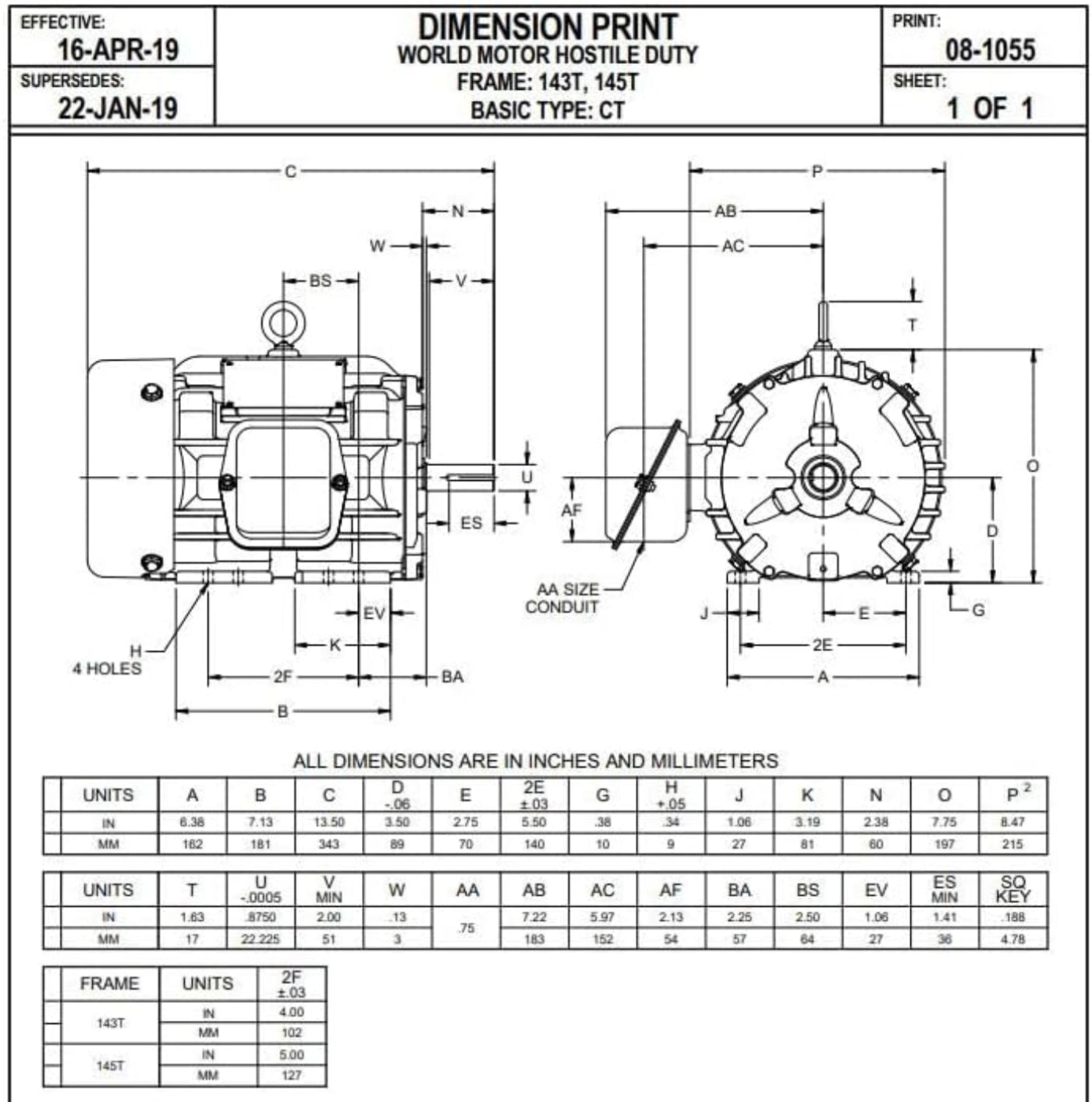 U. S. Motors Nidec HD1P3E 1 hp 1200 RPM 145T Frame 230/460V TEFC - HD1P3E