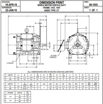 U. S. Motors Nidec HD1P3E 1 hp 1200 RPM 145T Frame 230/460V TEFC - HD1P3E