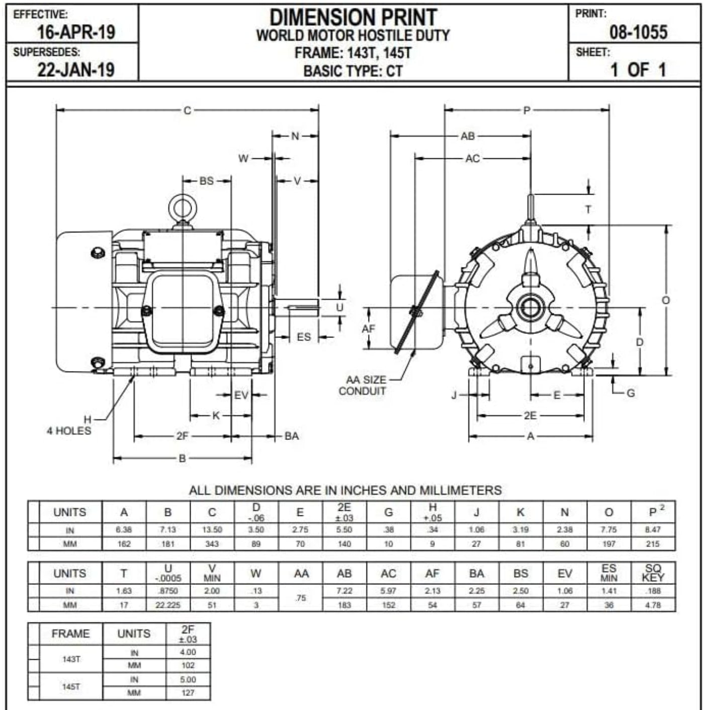 U. S. Motors Nidec HD1P2E 1 HP 1800 RPM 143T Frame 230/460V TEFC Electric Motor - HD1P2E