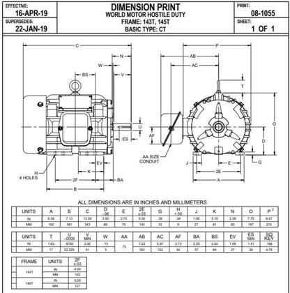 U. S. Motors Nidec HD1P2E 1 HP 1800 RPM 143T Frame 230/460V TEFC Electric Motor - HD1P2E