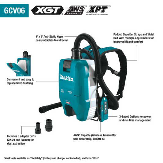 Makita GCV06Z 40V max XGT Brushless Cordless 1/2 Gallon HEPA Filter Backpack Dry Dust Extractor, AWS Capable, Tool Only - GCV06Z
