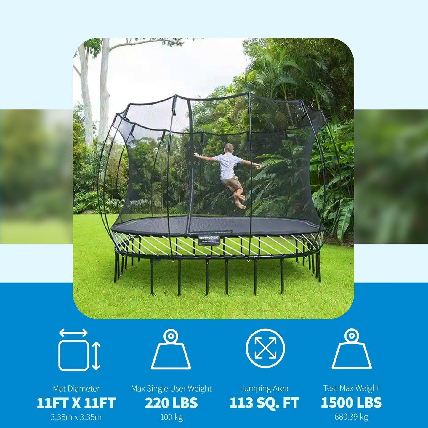 Springfree Outdoor Square 11 Foot Trampoline, Enclosure, Hoop Game, and Ladder - 215879