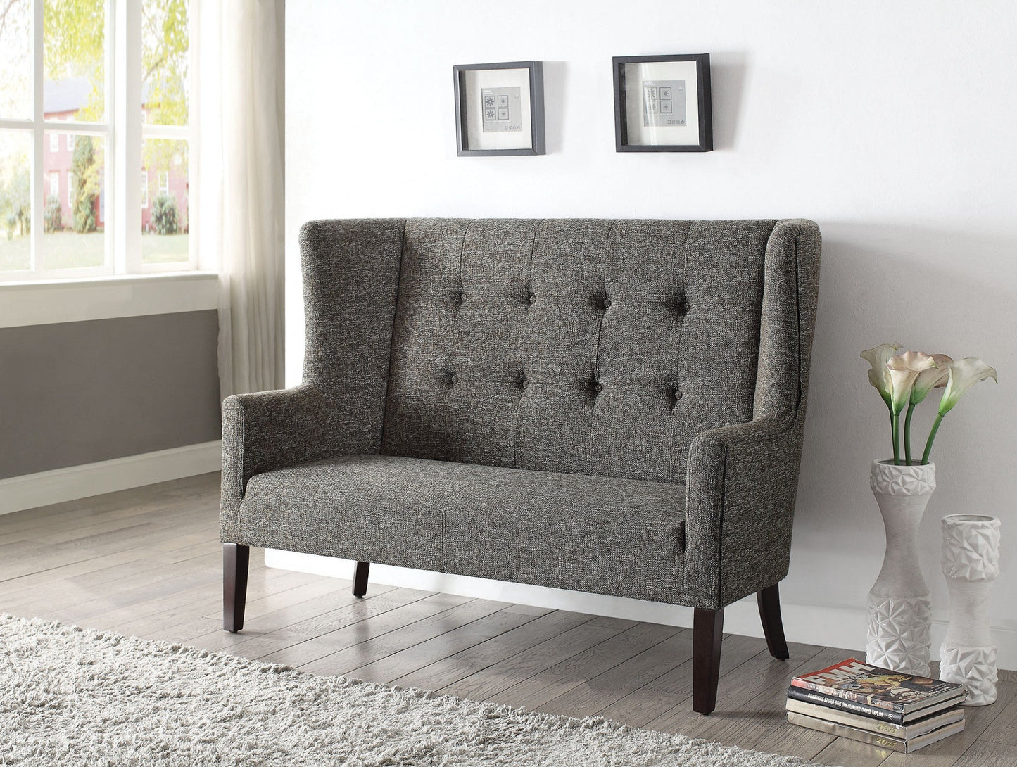 Modway Furniture 56" Gray Fabric Settee with Elegant Chocolate Legs – Stylish Comfort for Your Home Interior Redesign - 285683-HOMEROOTS