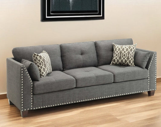 Modway Furniture 81" Charcoal Linen Sofa with Elegant Nailhead Trim, Toss Pillows & Stylish Dark Brown Legs - 318811-HOMEROOTS