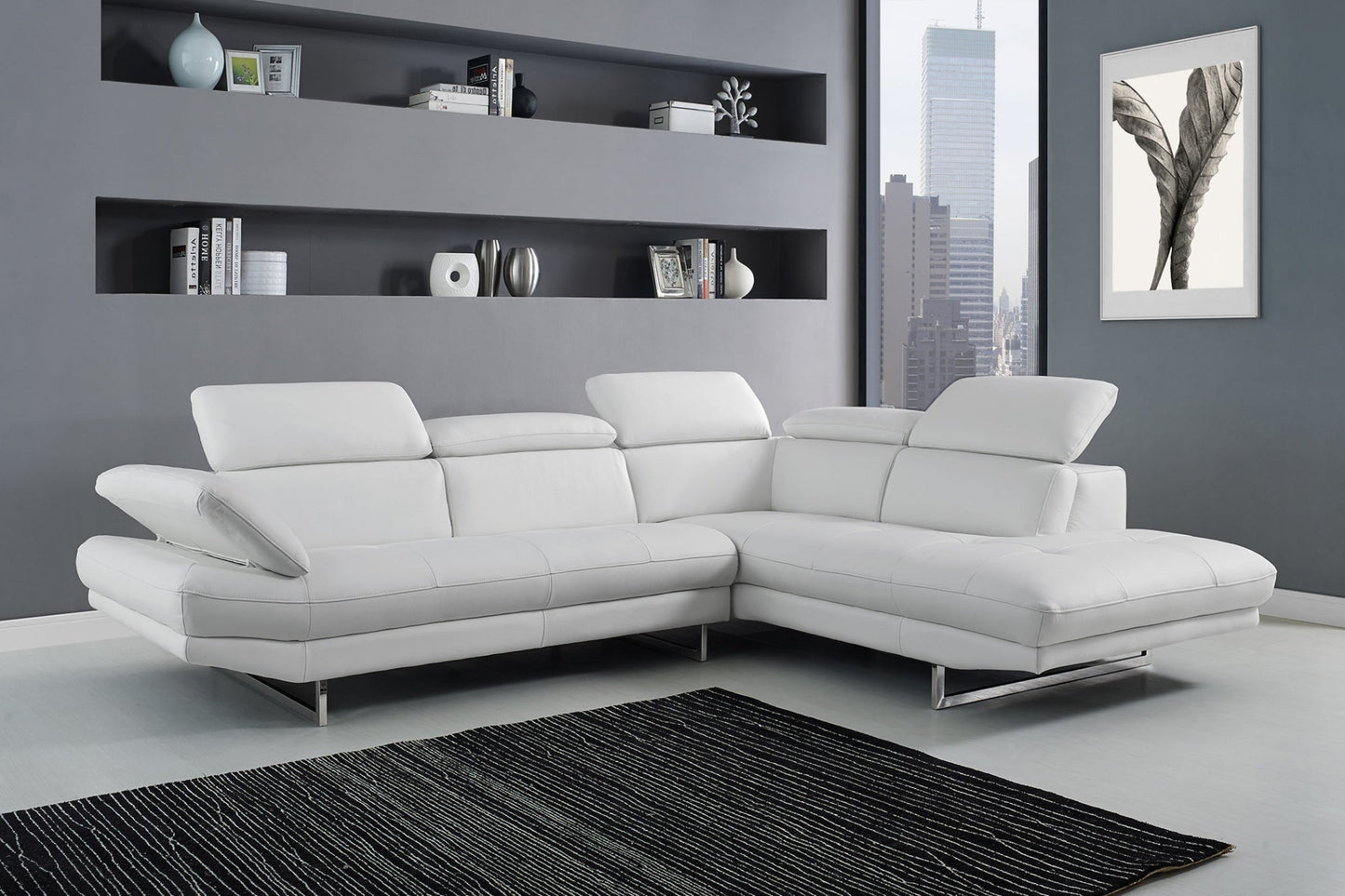 Modway Furniture 111" White Top Grain Leather Sofa Chaise - Luxuriously Soft, Elegant Design with Silver Legs - 320885-HOMEROOTS