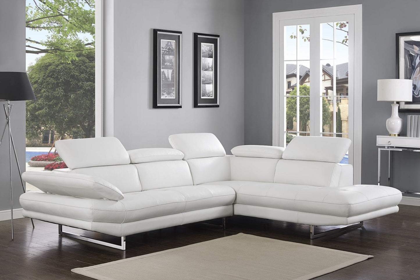 Modway Furniture 111" White Top Grain Leather Sofa Chaise - Luxuriously Soft, Elegant Design with Silver Legs - 320885-HOMEROOTS