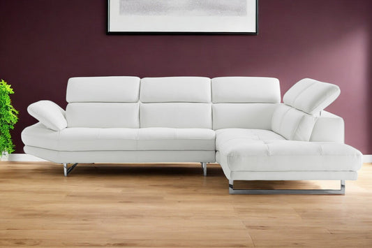 Modway Furniture 111" White Top Grain Leather Sofa Chaise - Luxuriously Soft, Elegant Design with Silver Legs - 320885-HOMEROOTS