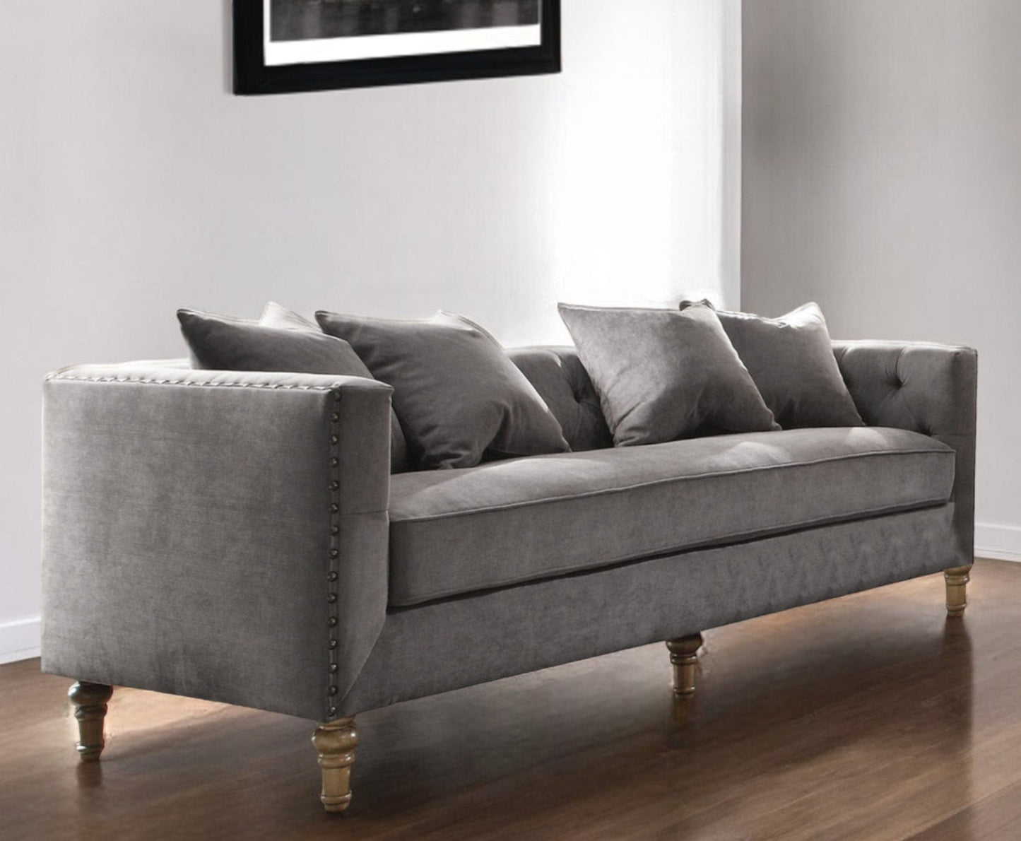 Modway Furniture 34" Gray Velvet Sofa with Toss Pillows, Elegant Brown Legs, Tufted Design & Nailhead Trim Detail - 347269-HOMEROOTS