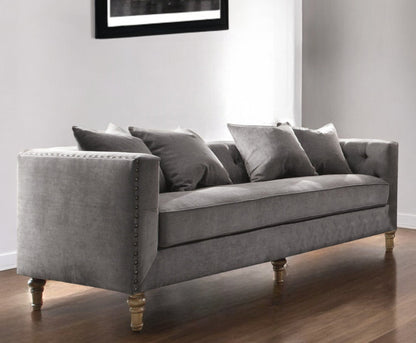 Modway Furniture 34" Gray Velvet Sofa with Toss Pillows, Elegant Brown Legs, Tufted Design & Nailhead Trim Detail - 347269-HOMEROOTS