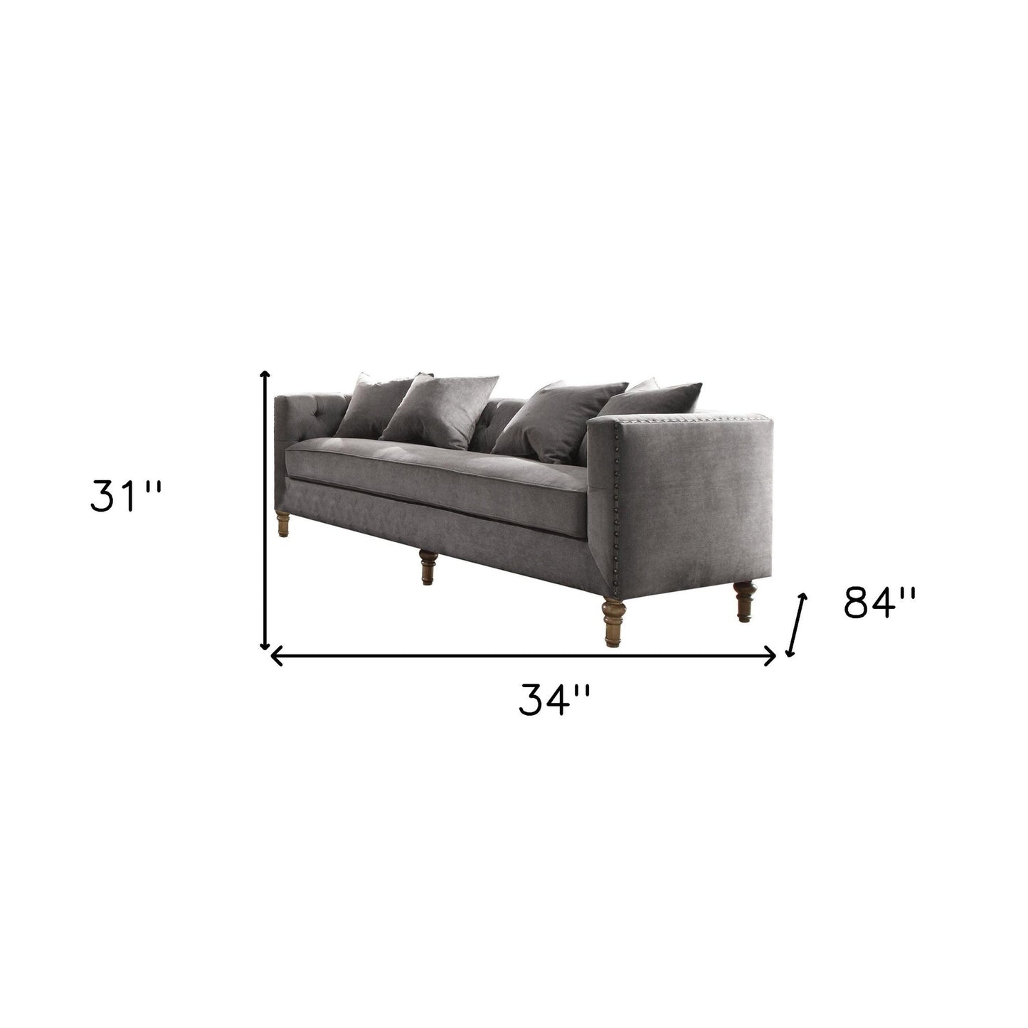 Modway Furniture 34" Gray Velvet Sofa with Toss Pillows, Elegant Brown Legs, Tufted Design & Nailhead Trim Detail - 347269-HOMEROOTS