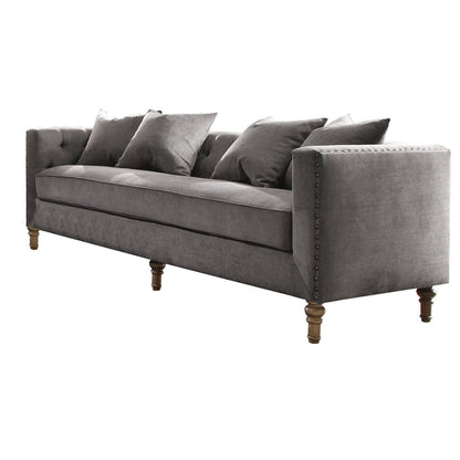 Modway Furniture 34" Gray Velvet Sofa with Toss Pillows, Elegant Brown Legs, Tufted Design & Nailhead Trim Detail - 347269-HOMEROOTS