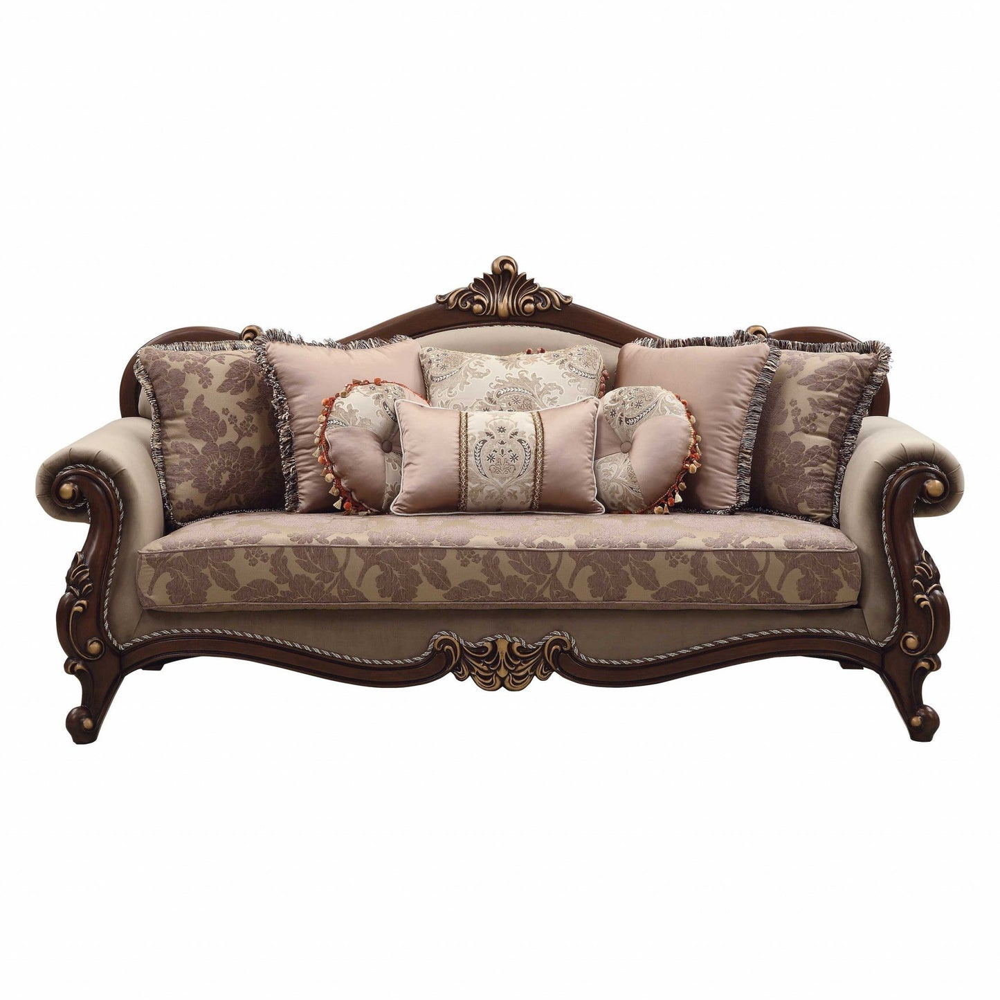 Modway Furniture 88" Beige Velvet Floral Sofa with Toss Pillows & Stylish Brown Legs - Elegant Home Centerpiece - 348219-HOMEROOTS
