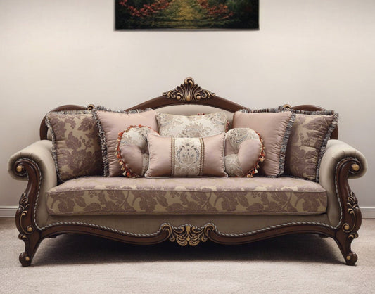 Modway Furniture 88" Beige Velvet Floral Sofa with Toss Pillows & Stylish Brown Legs - Elegant Home Centerpiece - 348219-HOMEROOTS