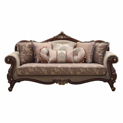 Modway Furniture 88" Beige Velvet Floral Sofa with Toss Pillows & Stylish Brown Legs - Elegant Home Centerpiece - 348219-HOMEROOTS