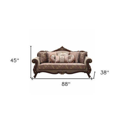 Modway Furniture 88" Beige Velvet Floral Sofa with Toss Pillows & Stylish Brown Legs - Elegant Home Centerpiece - 348219-HOMEROOTS
