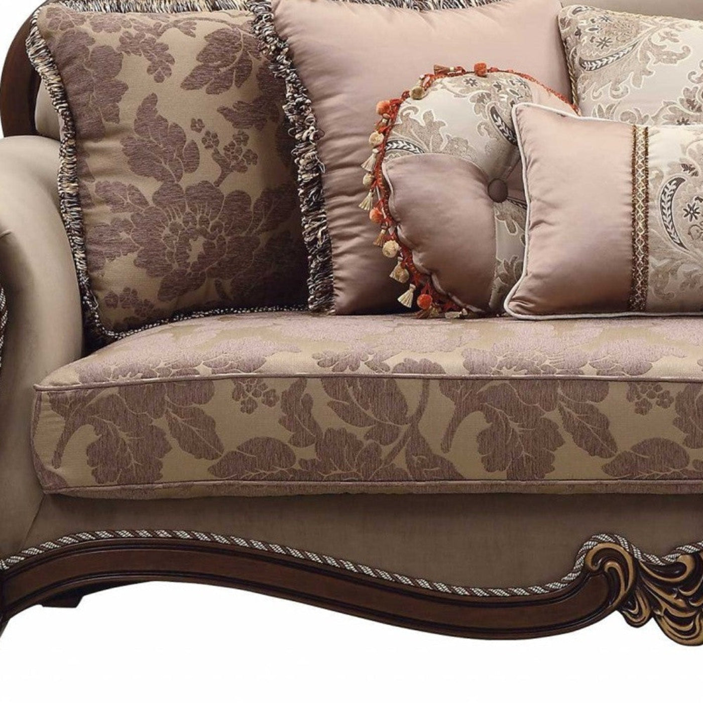 Modway Furniture 88" Beige Velvet Floral Sofa with Toss Pillows & Stylish Brown Legs - Elegant Home Centerpiece - 348219-HOMEROOTS