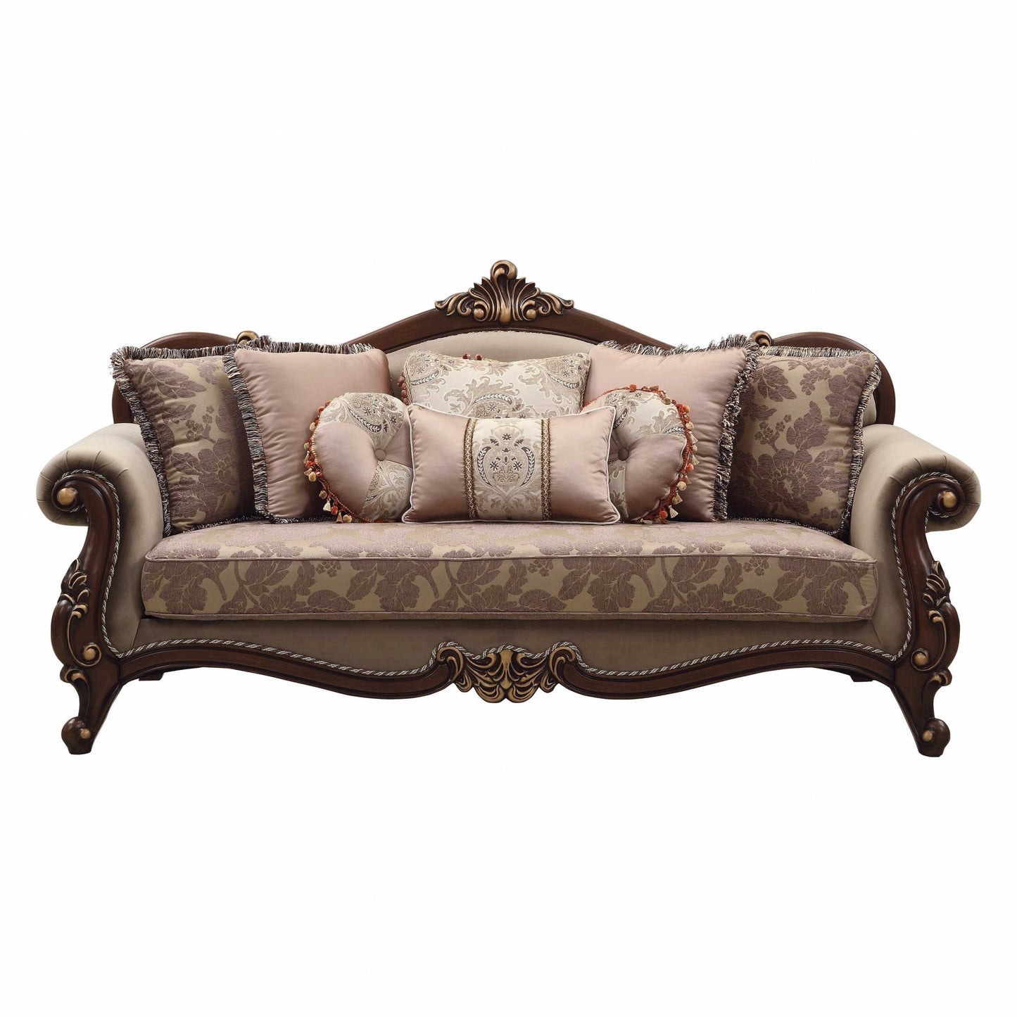 Modway Furniture 88" Beige Velvet Floral Sofa with Toss Pillows & Stylish Brown Legs - Elegant Home Centerpiece - 348219-HOMEROOTS