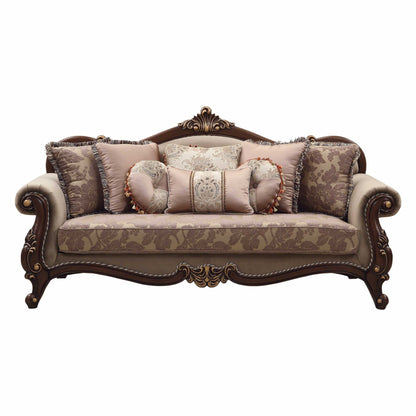 Modway Furniture 88" Beige Velvet Floral Sofa with Toss Pillows & Stylish Brown Legs - Elegant Home Centerpiece - 348219-HOMEROOTS