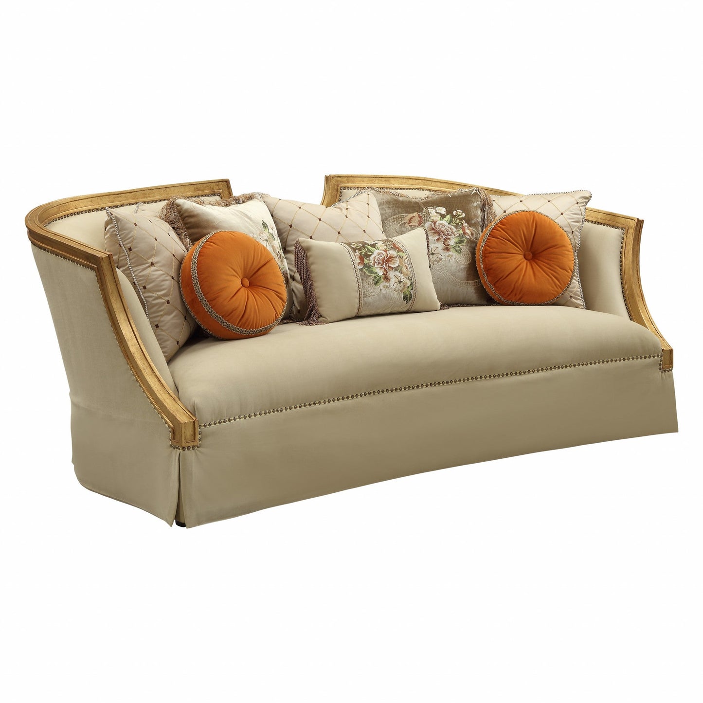 Modway Furniture 41" Beige Velvet Curved Sofa with Toss Pillows, Flared Arms & Natural Wood Legs for Stylish Comfort - 348220-HOMEROOTS
