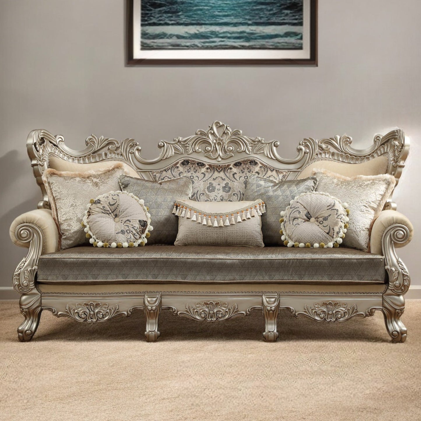 Modway Furniture 41" Luxurious Champagne Cotton Blend Curved Floral Sofa with Elegant Toss Pillows for Home Décor - 348222-HOMEROOTS