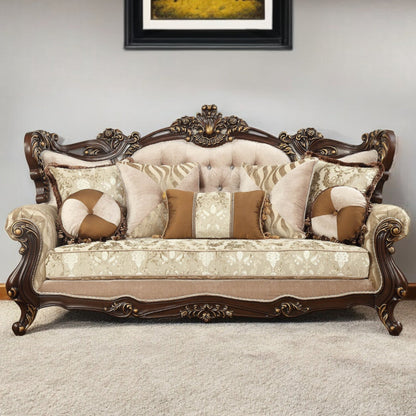 Modway Furniture 42" Stylish Beige Damask Sofa with Toss Pillows, Brown Legs, and Nailhead Trim for Elegant Spaces - 348225-HOMEROOTS