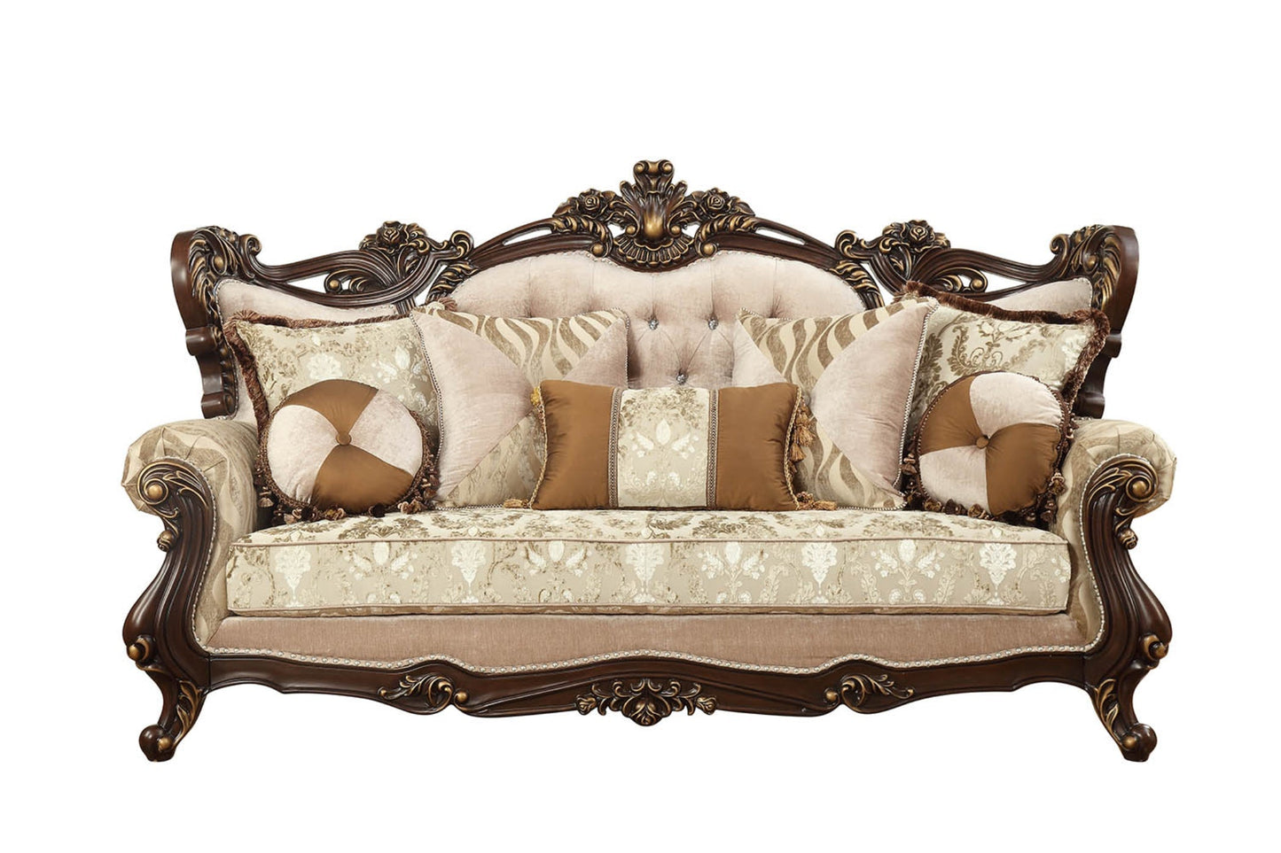 Modway Furniture 42" Stylish Beige Damask Sofa with Toss Pillows, Brown Legs, and Nailhead Trim for Elegant Spaces - 348225-HOMEROOTS