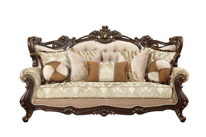 Modway Furniture 42" Stylish Beige Damask Sofa with Toss Pillows, Brown Legs, and Nailhead Trim for Elegant Spaces - 348225-HOMEROOTS