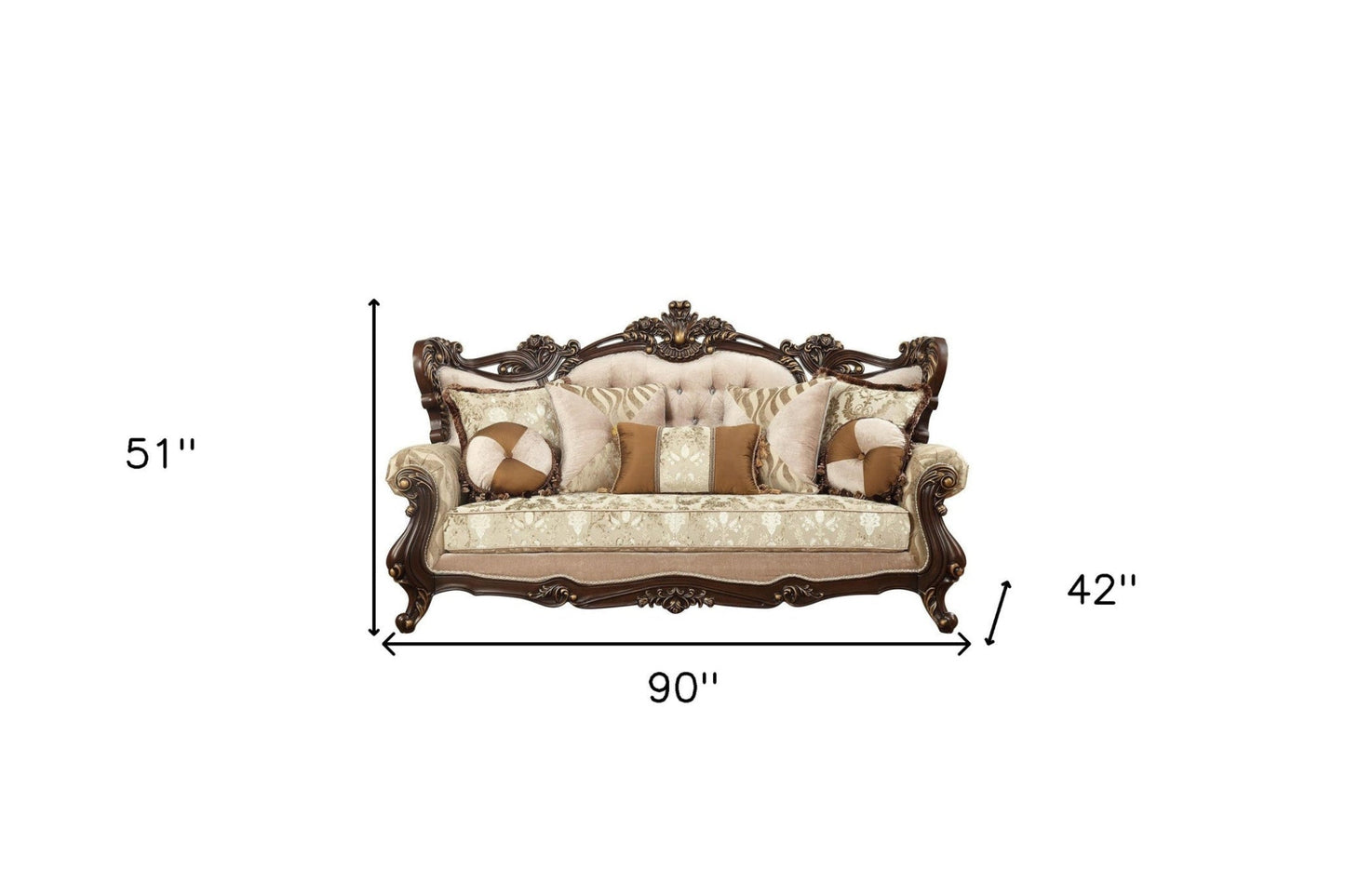 Modway Furniture 42" Stylish Beige Damask Sofa with Toss Pillows, Brown Legs, and Nailhead Trim for Elegant Spaces - 348225-HOMEROOTS