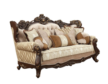 Modway Furniture 42" Stylish Beige Damask Sofa with Toss Pillows, Brown Legs, and Nailhead Trim for Elegant Spaces - 348225-HOMEROOTS