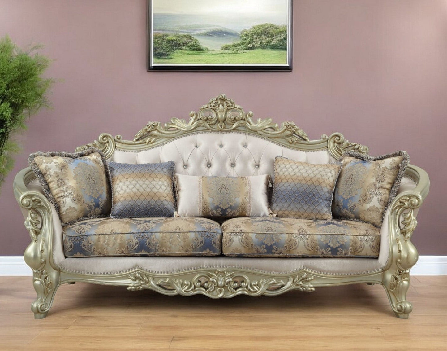 Modway Furniture 40" Antique White Velvet Floral Curved Sofa with Toss Pillows & Chic Champagne Legs for Elegance - 348231-HOMEROOTS