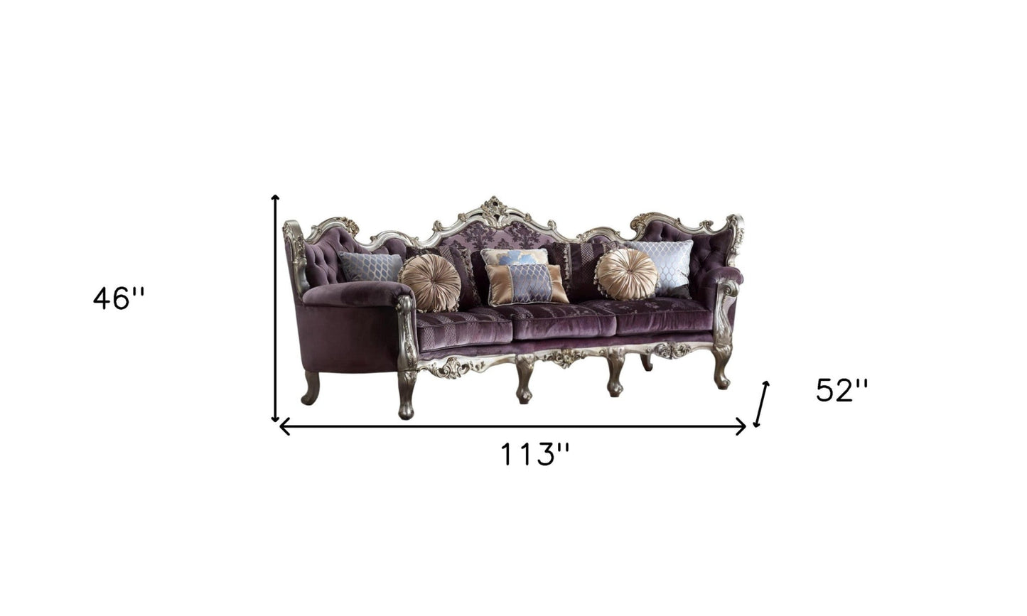 Modway Furniture 52" Dark Purple Velvet Curved Sofa with Striped Design & Platinum Legs, Includes Toss Pillows - 348236-HOMEROOTS