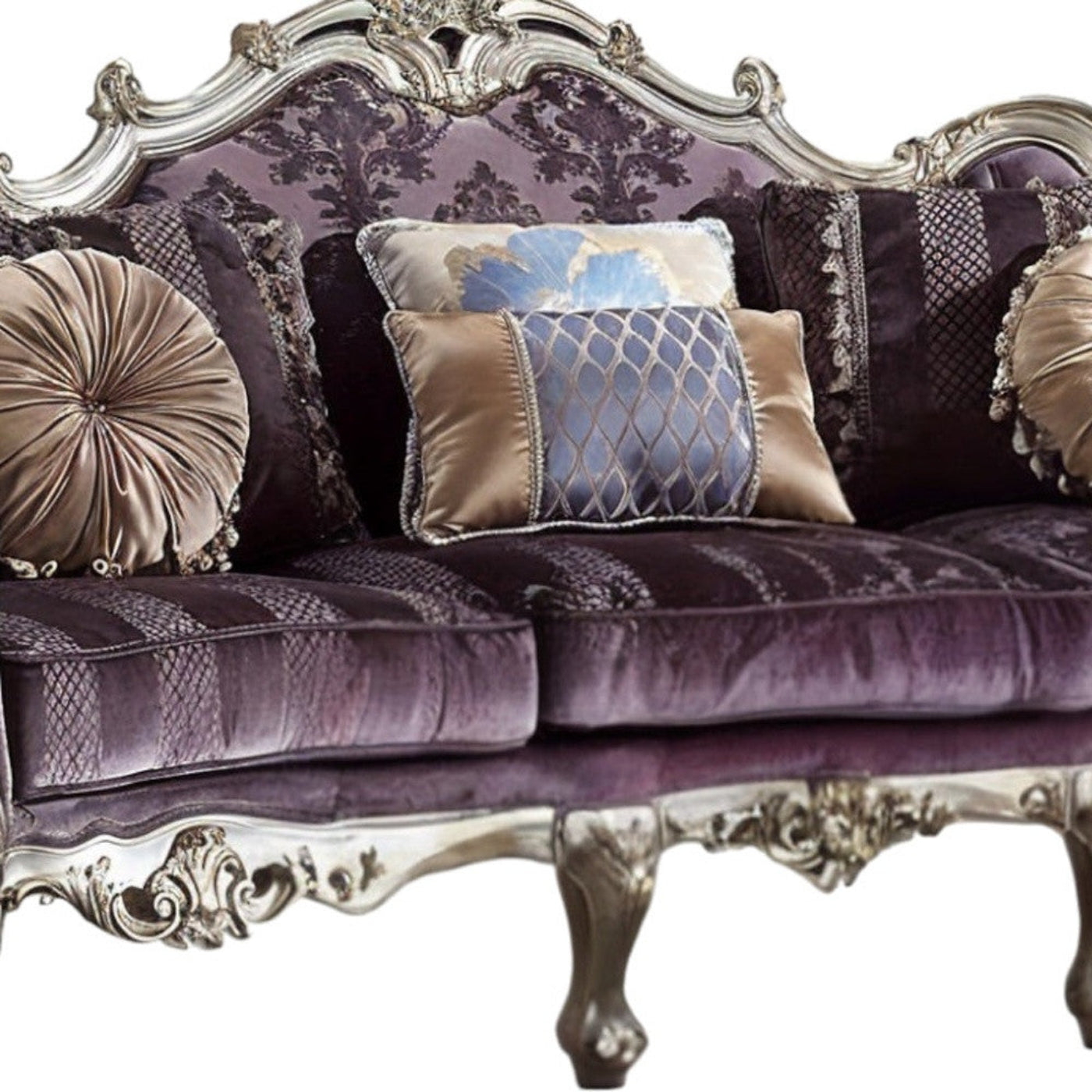 Modway Furniture 52" Dark Purple Velvet Curved Sofa with Striped Design & Platinum Legs, Includes Toss Pillows - 348236-HOMEROOTS