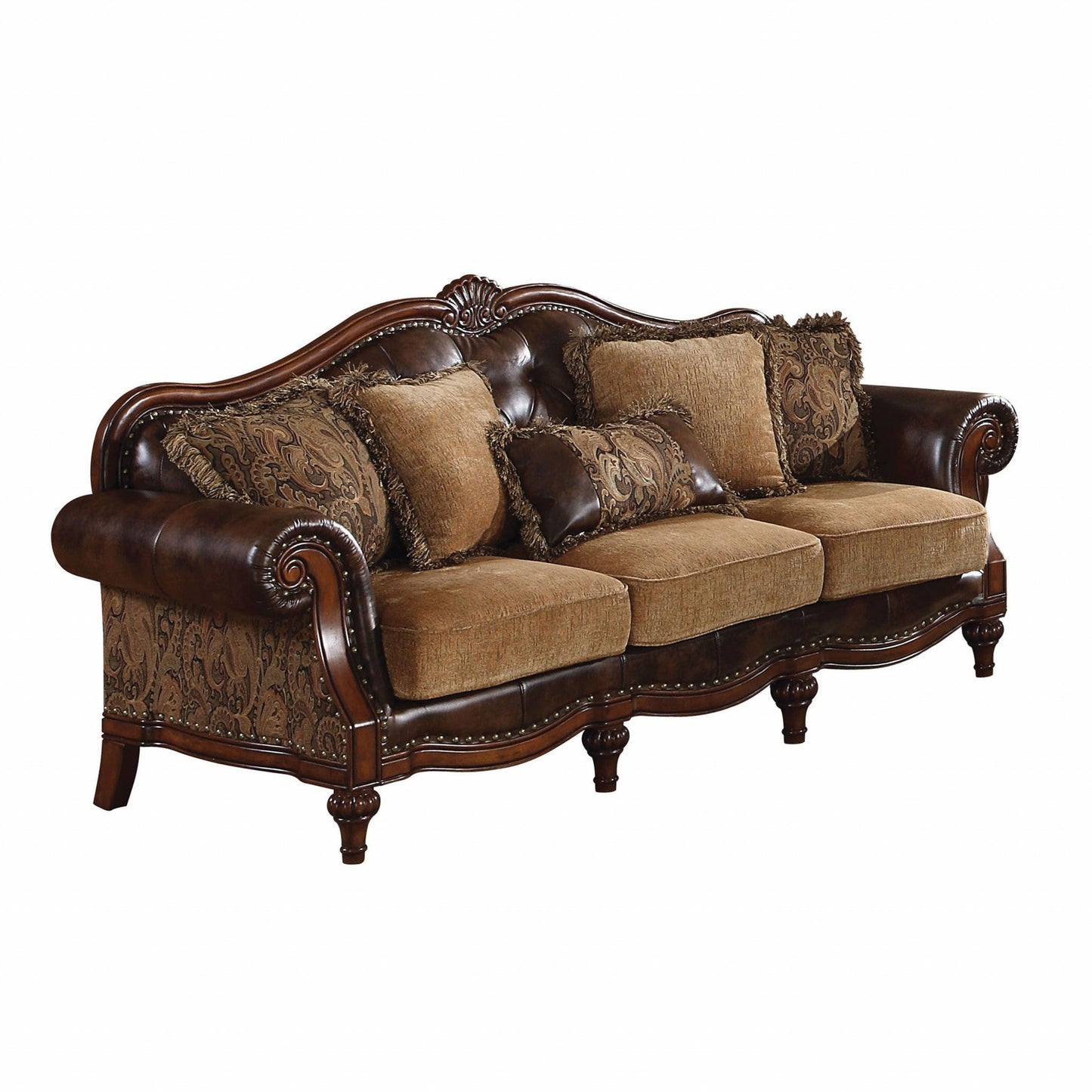 Modway Furniture 37" Luxurious Brown Faux Leather & Chenille Sofa with Toss Pillows & Elegant Dark Brown Legs - 348631-HOMEROOTS