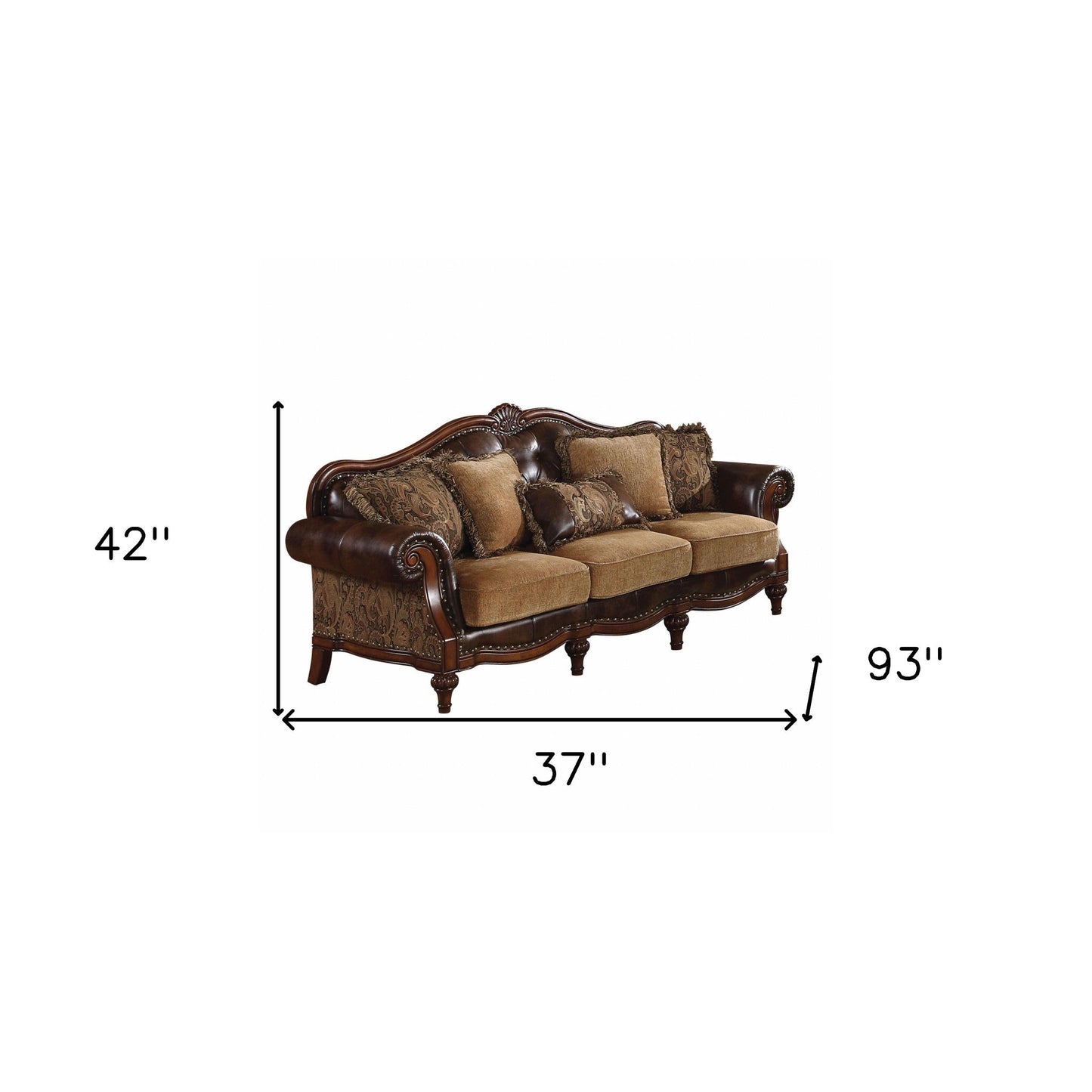 Modway Furniture 37" Luxurious Brown Faux Leather & Chenille Sofa with Toss Pillows & Elegant Dark Brown Legs - 348631-HOMEROOTS