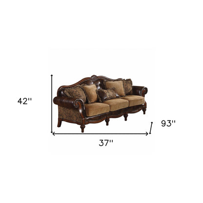 Modway Furniture 37" Luxurious Brown Faux Leather & Chenille Sofa with Toss Pillows & Elegant Dark Brown Legs - 348631-HOMEROOTS