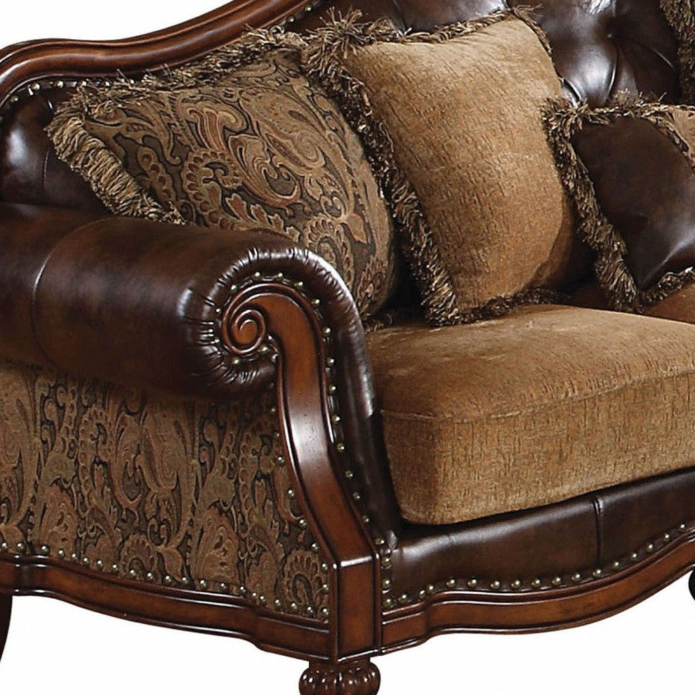 Modway Furniture 37" Luxurious Brown Faux Leather & Chenille Sofa with Toss Pillows & Elegant Dark Brown Legs - 348631-HOMEROOTS