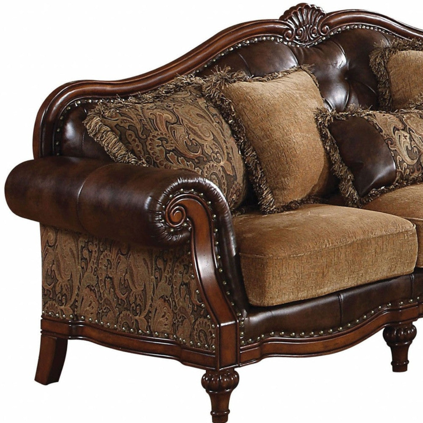 Modway Furniture 37" Luxurious Brown Faux Leather & Chenille Sofa with Toss Pillows & Elegant Dark Brown Legs - 348631-HOMEROOTS