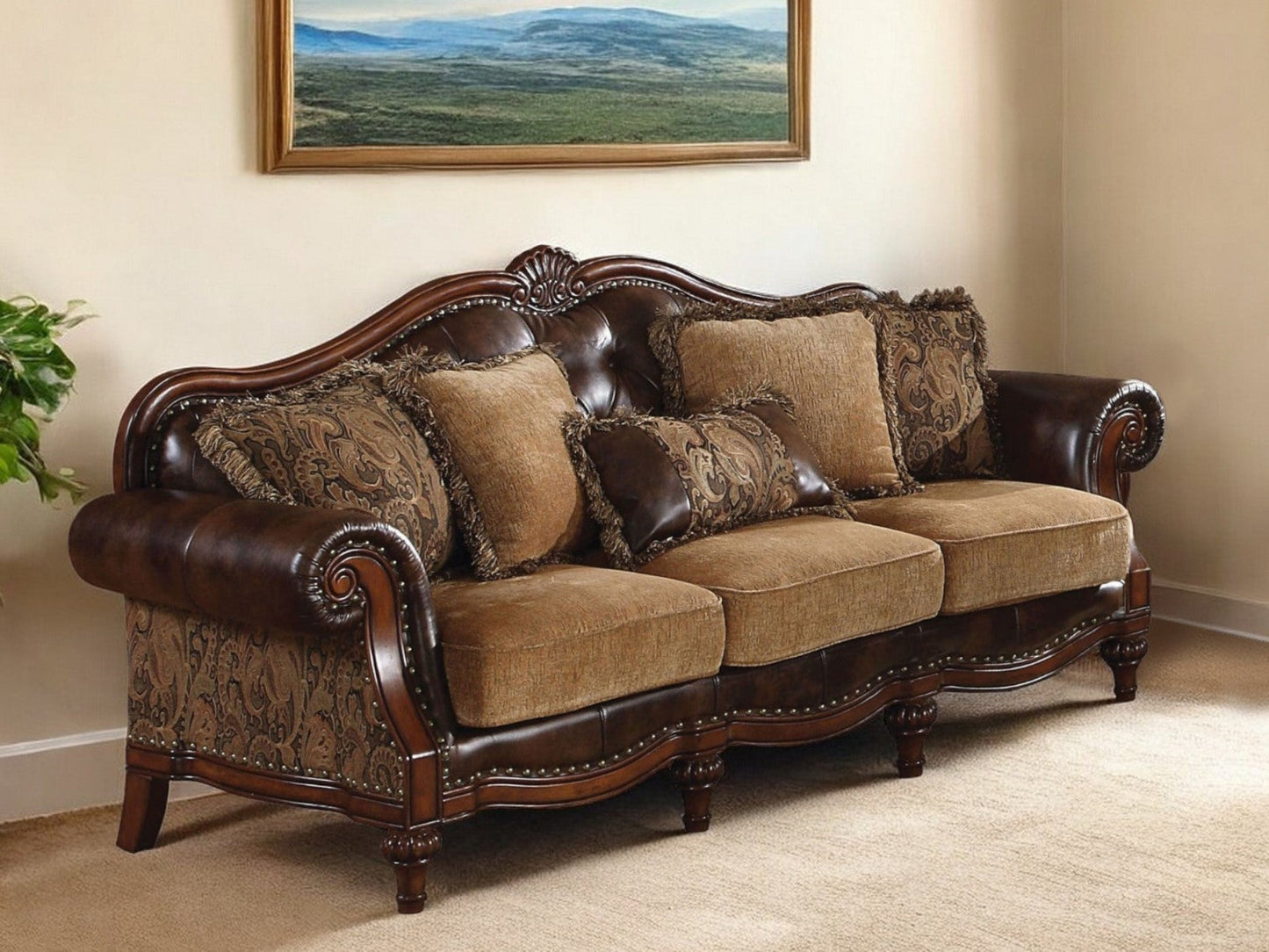 Modway Furniture 37" Luxurious Brown Faux Leather & Chenille Sofa with Toss Pillows & Elegant Dark Brown Legs - 348631-HOMEROOTS