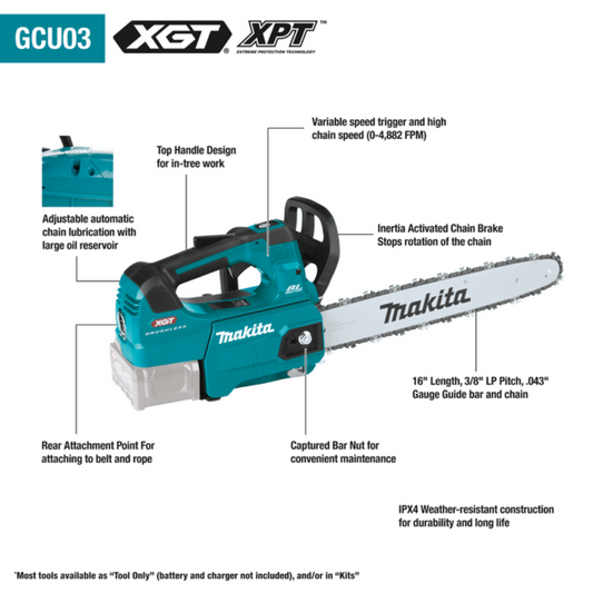 Makita 40V Max XGT Brushless Cordless 16" Top Handle Chain Saw (Bare Tool) -  GCU03Z