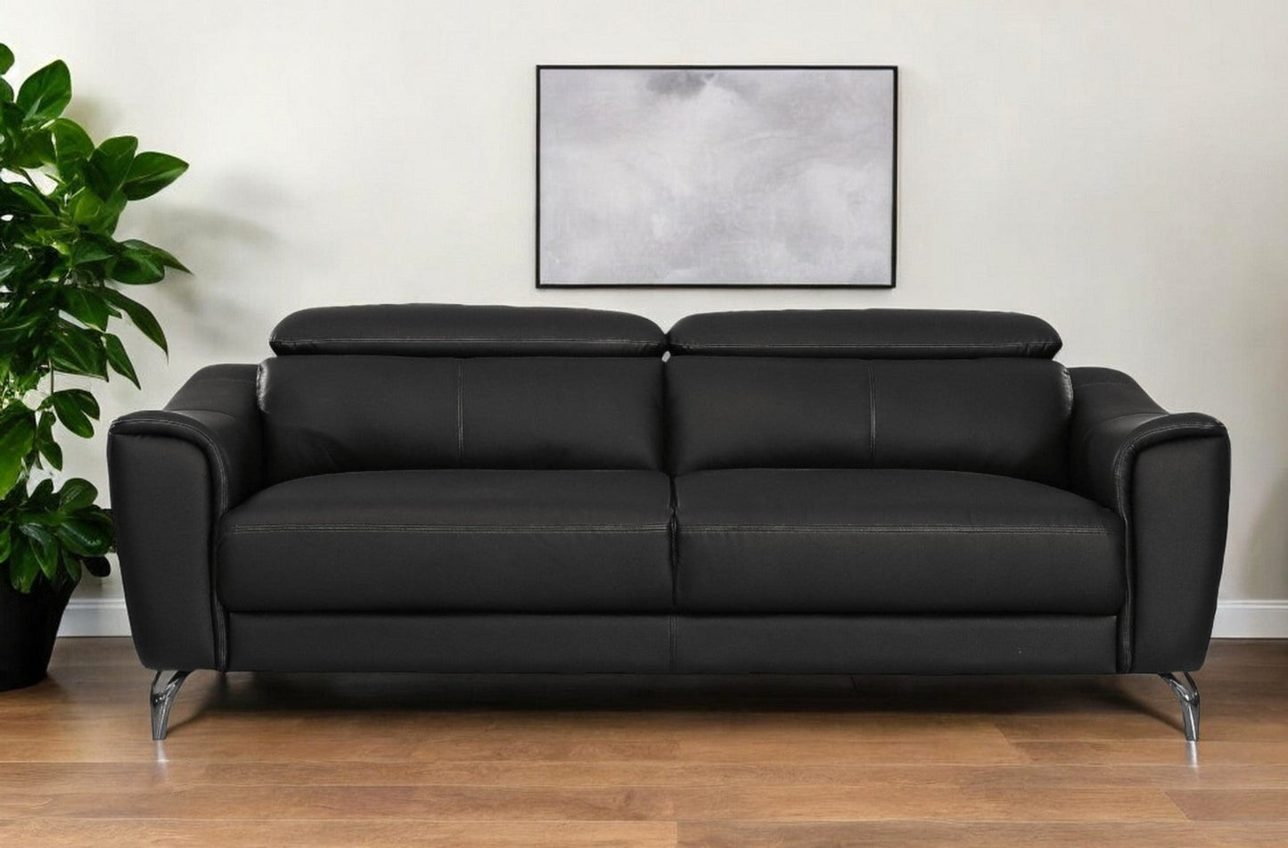 Modway Furniture 80" Black Genuine Leather Sofa with Elegant Silver Legs - Luxurious Comfort & Contemporary Style - 480921-HOMEROOTS