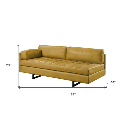 Modway Furniture 74" Mustard Top Grain Leather Sofa with Black Legs - Luxuriously Comfortable & Modern Design Piece - 491347-HOMEROOTS