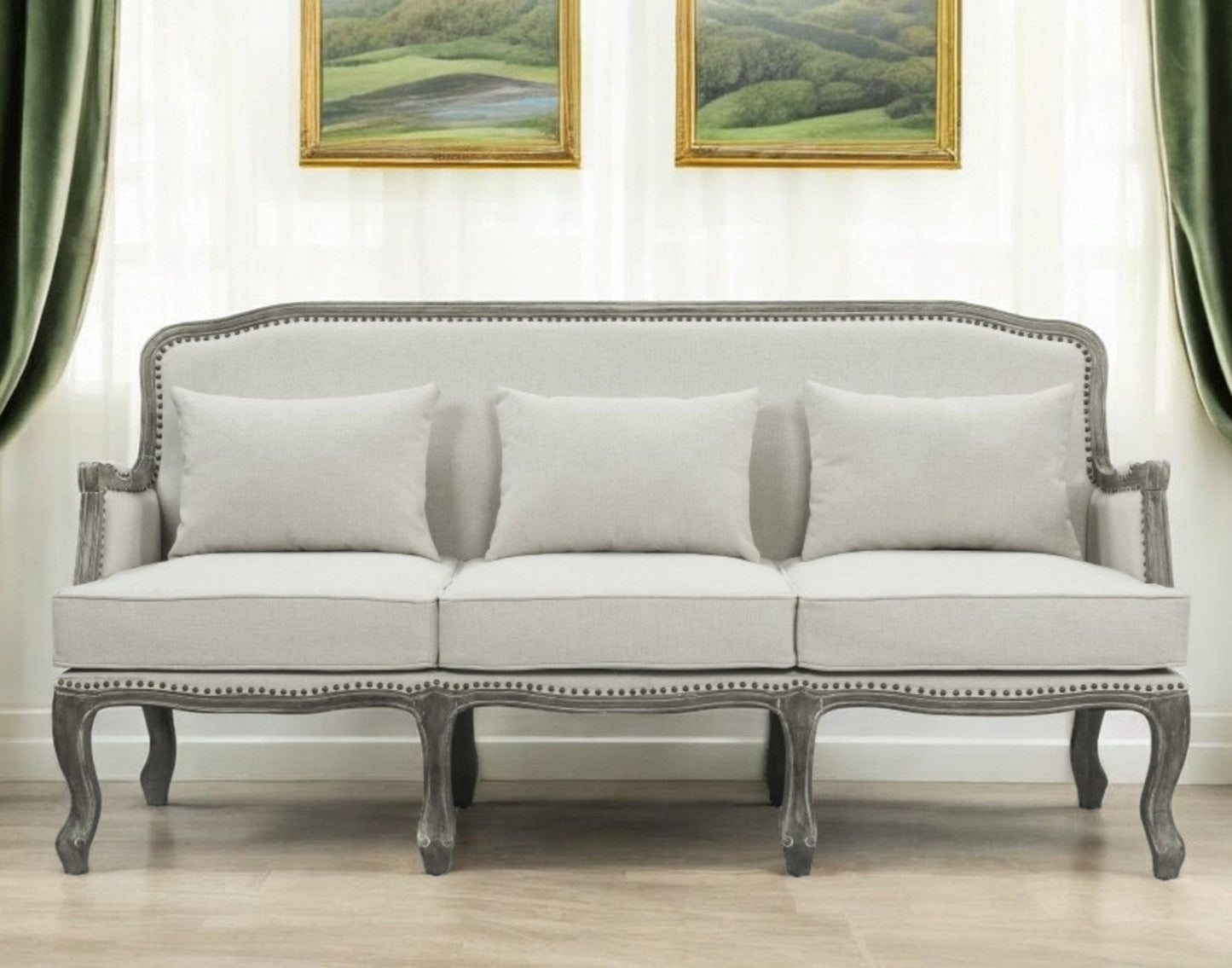 Modway Furniture 76" Cream Linen Sofa with Elegant Brown Legs, Nailhead Trim & Comfortable Support for Your Home - 491352-HOMEROOTS