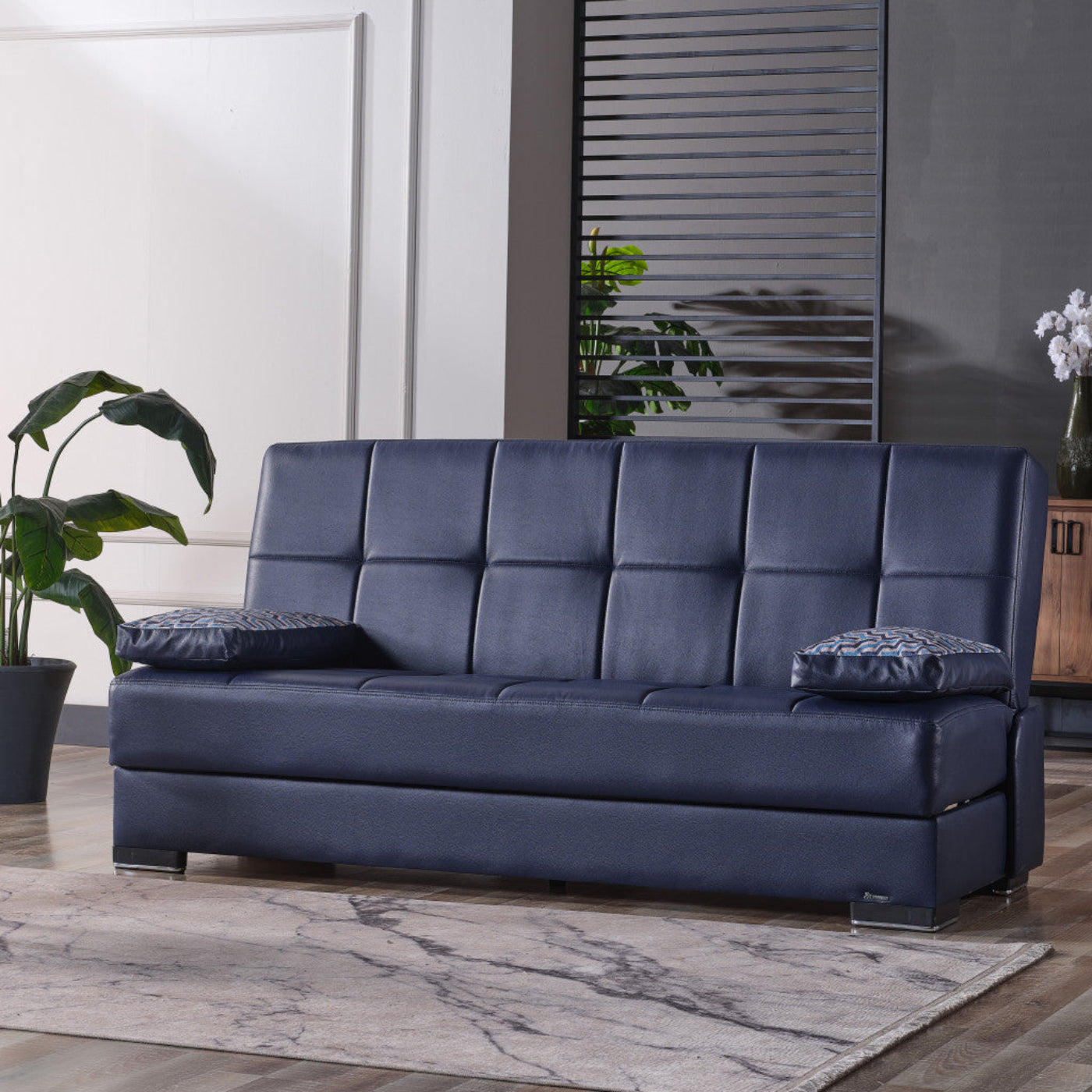 Modway Furniture 75" Blue Faux Leather Convertible Futon Sofa with Toss Pillows - Modern Design & Comfort Guaranteed - 518149-HOMEROOTS