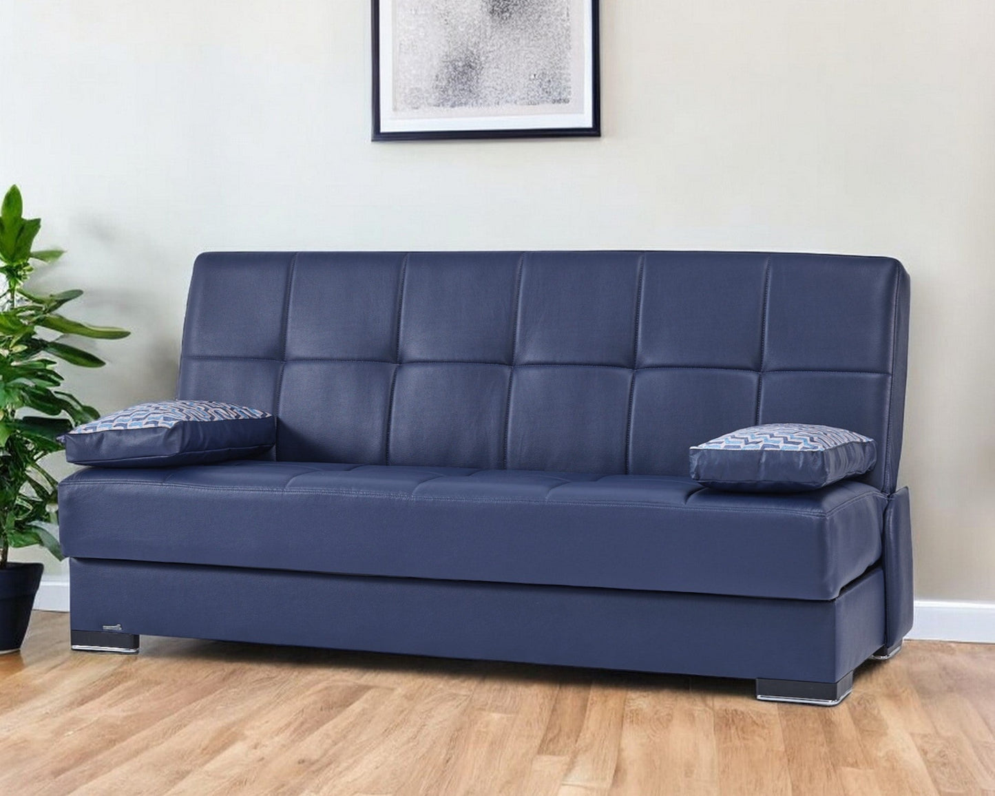 Modway Furniture 75" Blue Faux Leather Convertible Futon Sofa with Toss Pillows - Modern Design & Comfort Guaranteed - 518149-HOMEROOTS