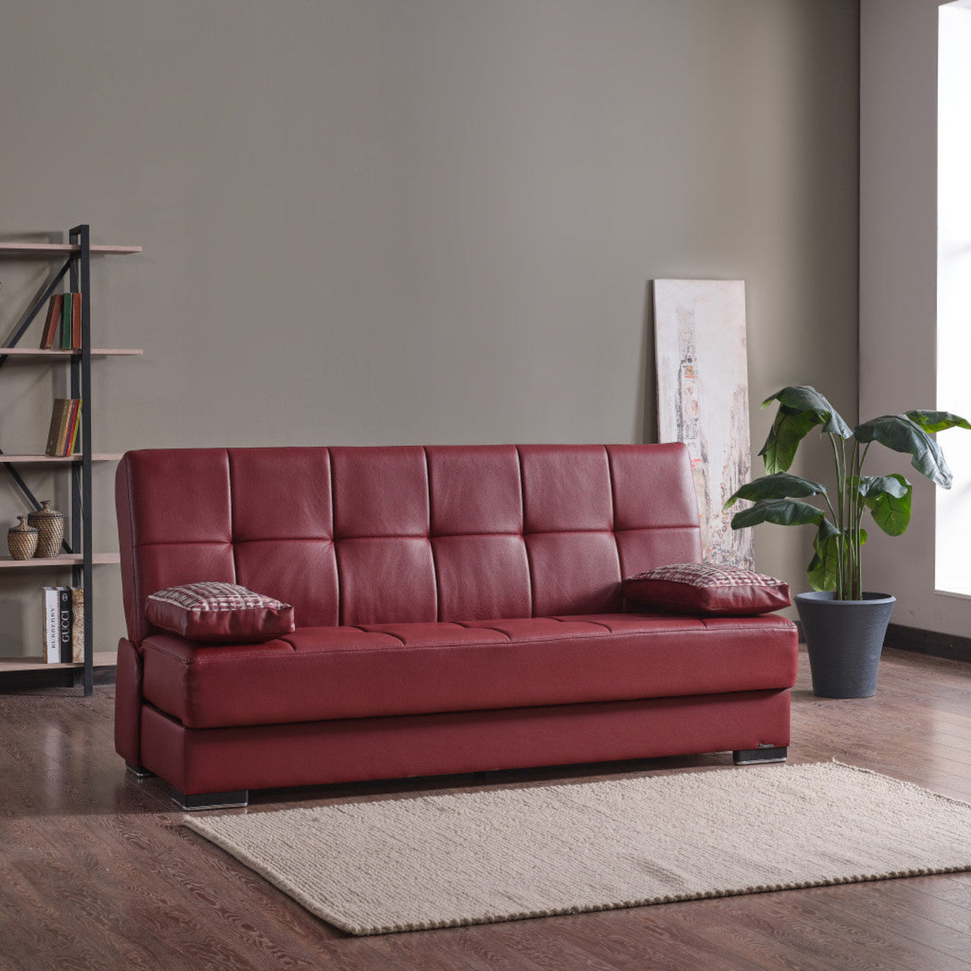 Modway Furniture 75" Burgundy Faux Leather Convertible Futon Sleeper Sofa with Chic Toss Pillows & Modern Design - 518153-HOMEROOTS